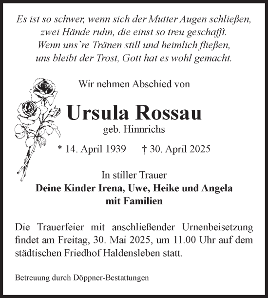 Traueranzeige von Ursula Rossau von Volksstimme Haldensleben/Wolmirstedt