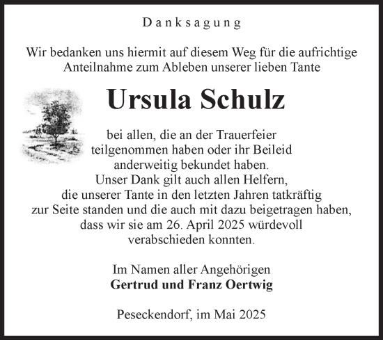 Traueranzeige von Ursula Schulz von Volksstimme Oschersleben/Wanzleben