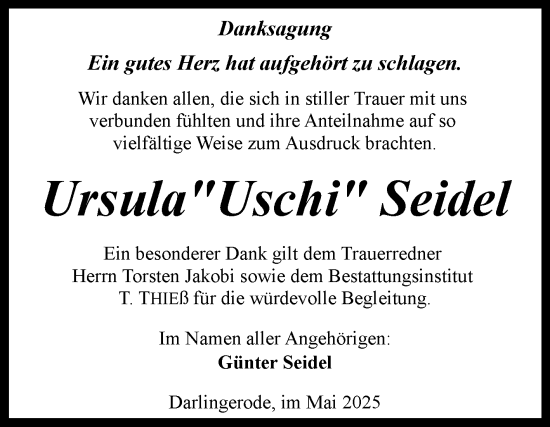 Traueranzeige von Ursula Seidel von Volksstimme Wernigerode