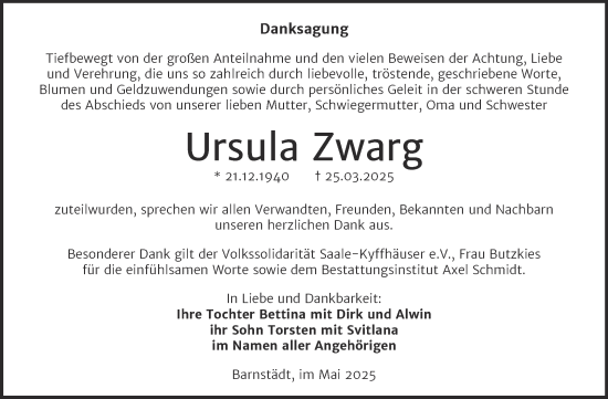 Traueranzeige von Ursula Zwarg von Trauerkombi Merseburg