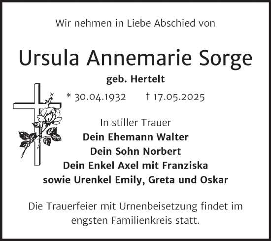 Traueranzeige von Ursula Annemarie Sorge von Trauerkombi Bitterfeld