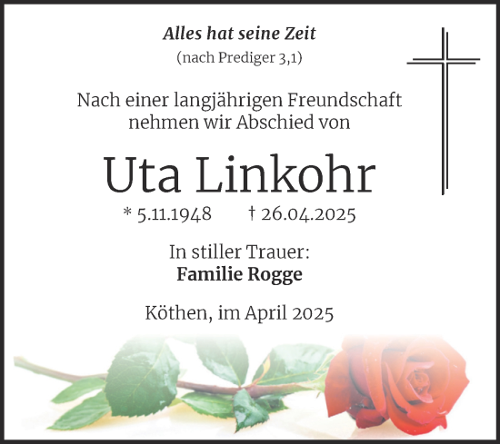 Traueranzeige von Uta Linkohr von Trauerkombi Köthen