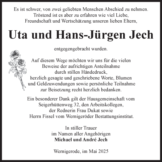 Traueranzeige von Uta und Hans-Jürgen Jech von Volksstimme Wernigerode