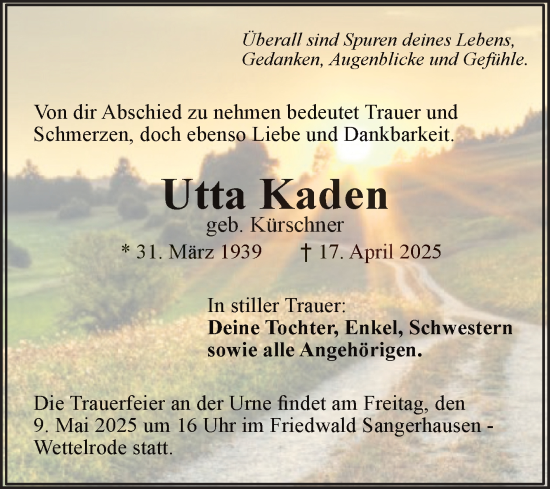 Traueranzeige von Utta Kaden von Mitteldeutsche Zeitung Sangerhausen