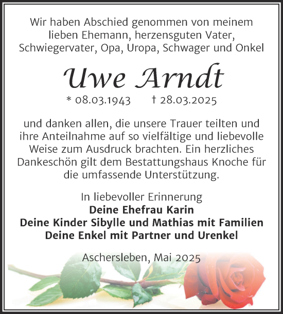 Traueranzeige von Uwe Arndt von Trauerkombi Aschersleben