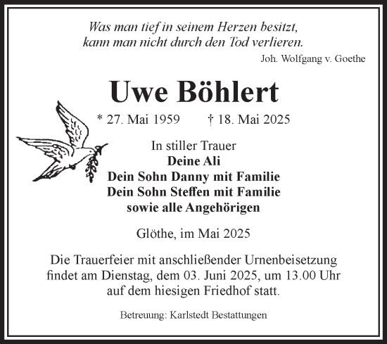 Traueranzeige von Uwe Böhlert von Volksstimme Schönebeck