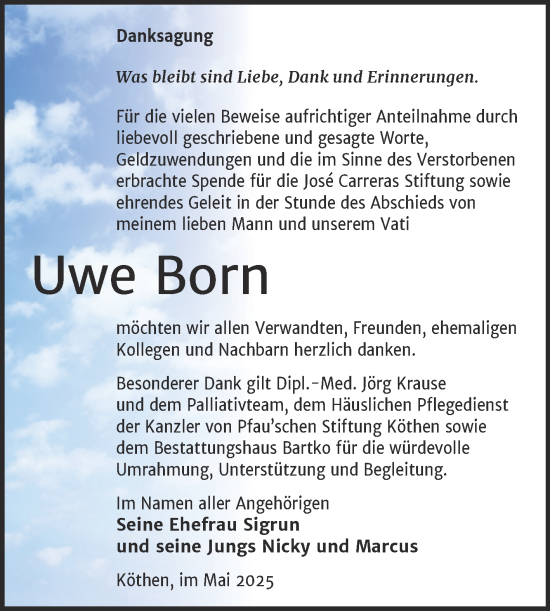Traueranzeige von Uwe Born von Trauerkombi Köthen