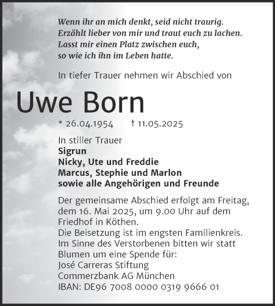 Traueranzeige von Uwe Born von Mitteldeutsche Zeitung Köthen