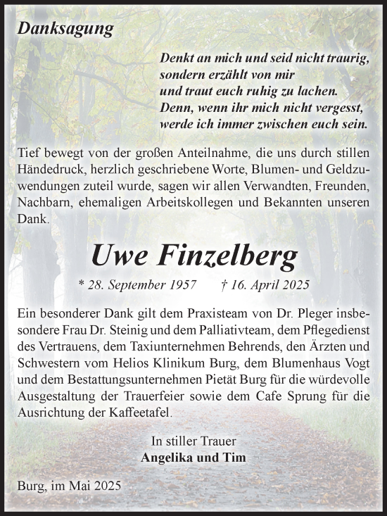Traueranzeige von Uwe Finzelberg von Volksstimme Burg/Genthin