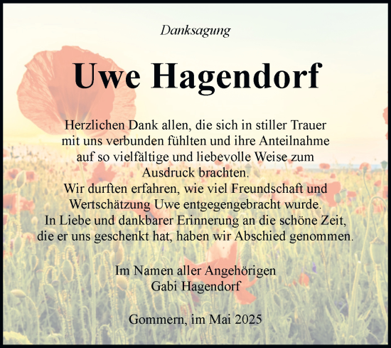 Traueranzeige von Uwe Hagendorf von Volksstimme Burg/Genthin