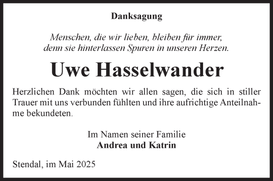 Traueranzeige von Uwe Hasselwander von Volksstimme Altmark Ost
