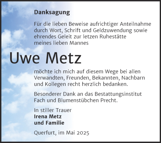 Traueranzeige von Uwe Metz von Trauerkombi Merseburg