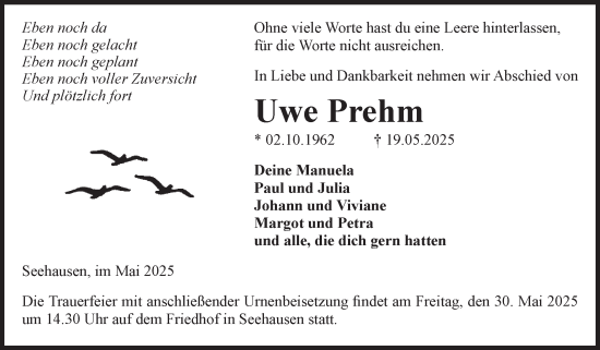 Traueranzeige von Uwe Prehm von Volksstimme Altmark Ost