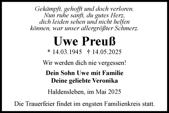 Traueranzeige von Uwe Preuß von Volksstimme Haldensleben/Wolmirstedt