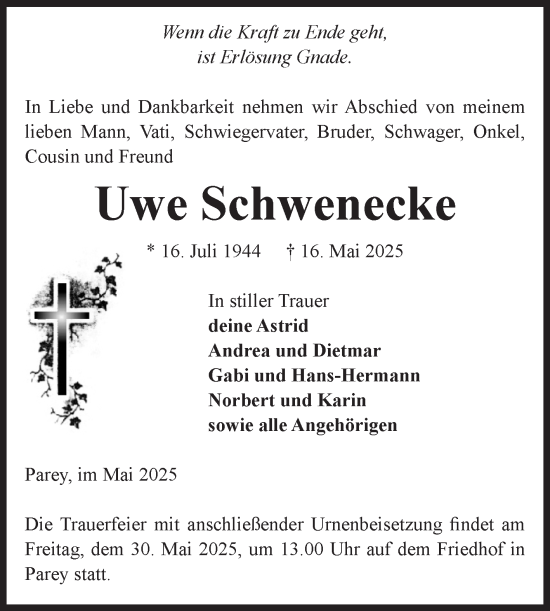 Traueranzeige von Uwe Schwenecke von Volksstimme Burg/Genthin