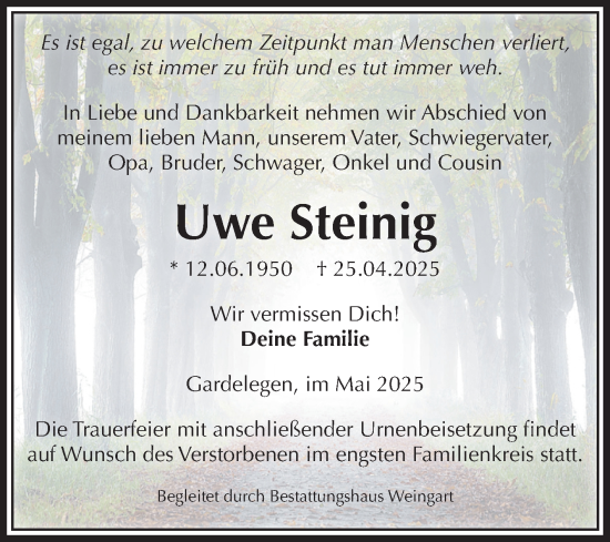 Traueranzeige von Uwe Steinig von Volksstimme Altmark West