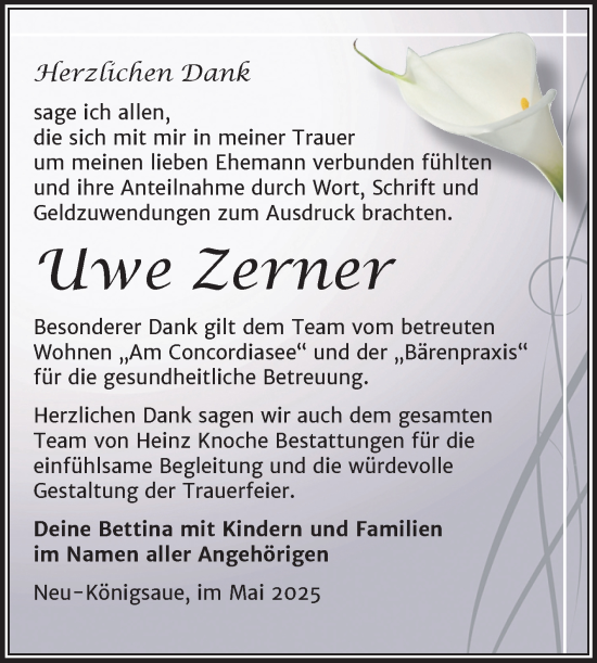 Traueranzeige von Uwe Zerner von Trauerkombi Aschersleben