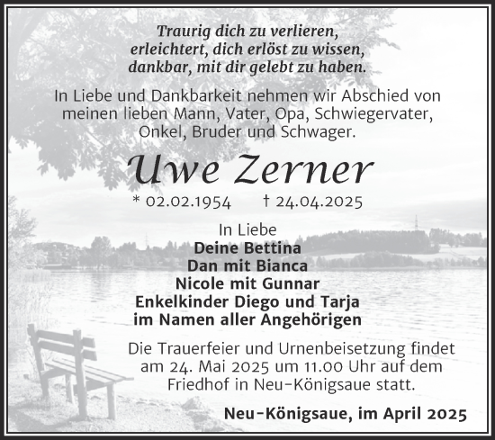 Traueranzeige von Uwe Zerner von Trauerkombi Aschersleben