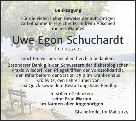 Traueranzeige von Uwe Egon Schuchardt von Trauerkombi Mansfelder Land