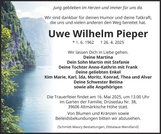 Traueranzeige von Uwe Wilhelm Pieper von Volksstimme Altmark Ost