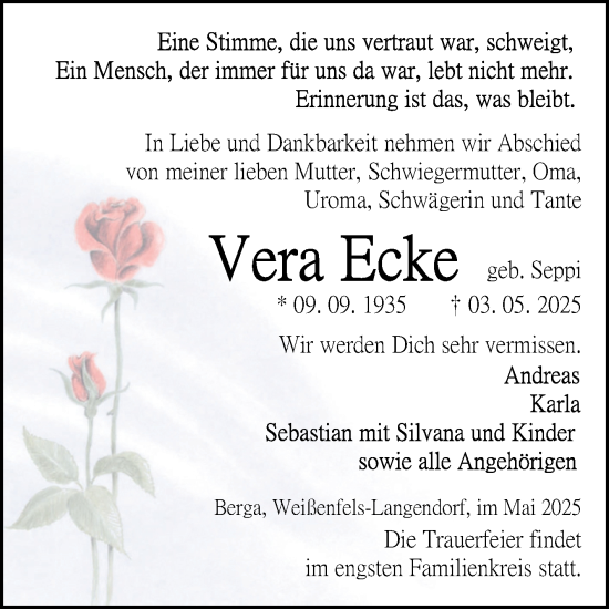 Traueranzeige von Vera Ecke von Trauerkombi Sangerhausen