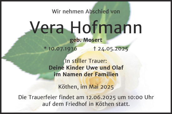Traueranzeige von Vera Hofmann von Trauerkombi Köthen
