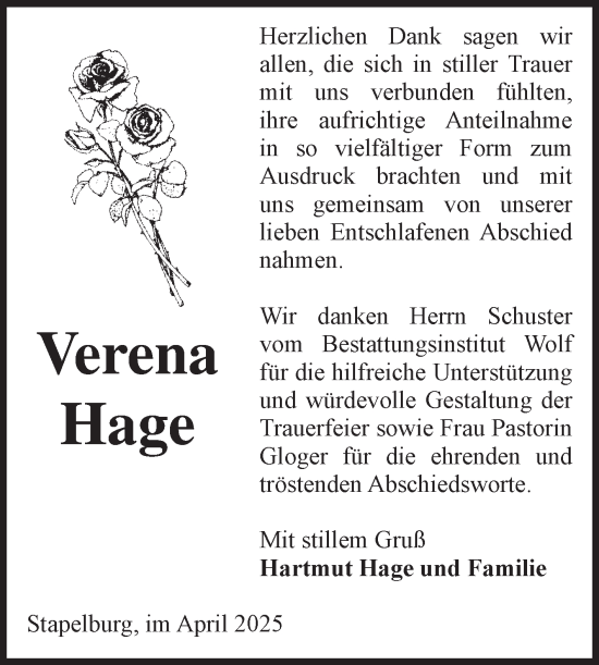 Traueranzeige von Verena Hage von Volksstimme Wernigerode