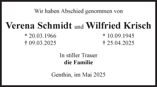 Traueranzeige von Verena Schmidt von Volksstimme Burg/Genthin