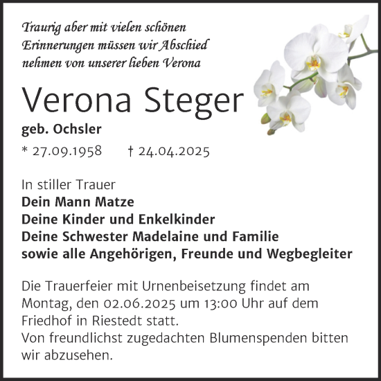 Traueranzeige von Verona Steger von Trauerkombi Sangerhausen
