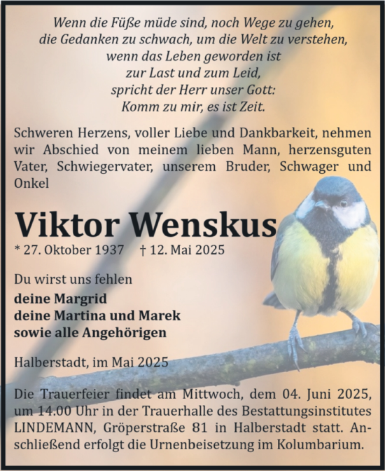 Traueranzeige von Viktor Wenskus von Volksstimme Halberstadt