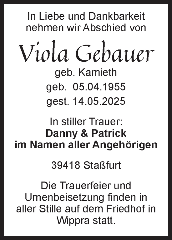 Traueranzeige von Viola Gebauer von Volksstimme Staßfurt