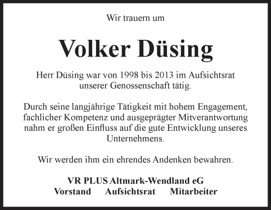 Traueranzeige von Volker Düsing von Volksstimme Altmark Ost