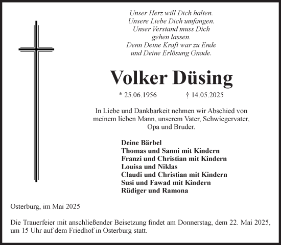Traueranzeige von Volker Düsing von Volksstimme Altmark Ost