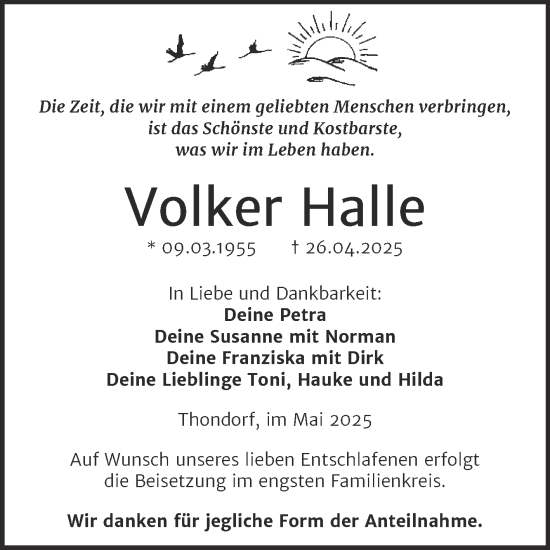 Traueranzeige von Volker Halle von Trauerkombi Mansfelder Land