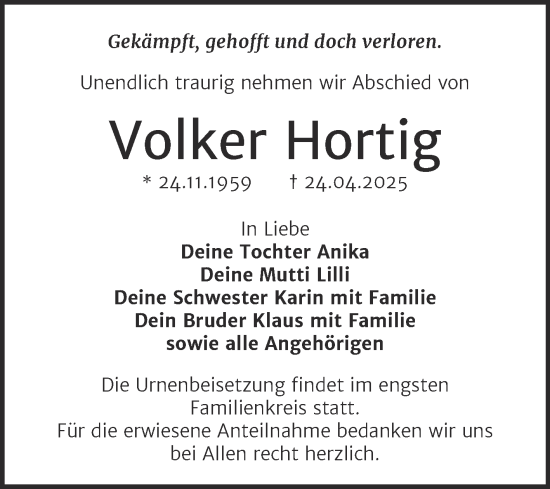 Traueranzeige von Volker Hortig von Super Sonntag Merseburg/Querfurt