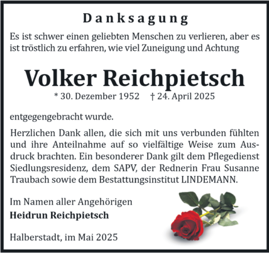 Traueranzeige von Volker Reichpietsch von Volksstimme Halberstadt