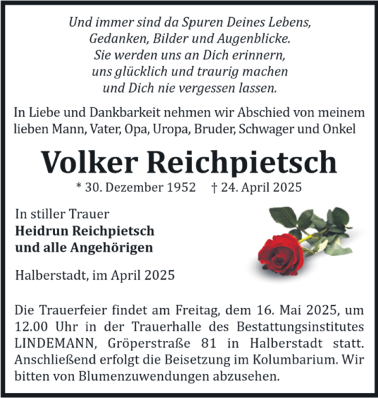 Traueranzeige von Volker Reichpietsch von Volksstimme Halberstadt