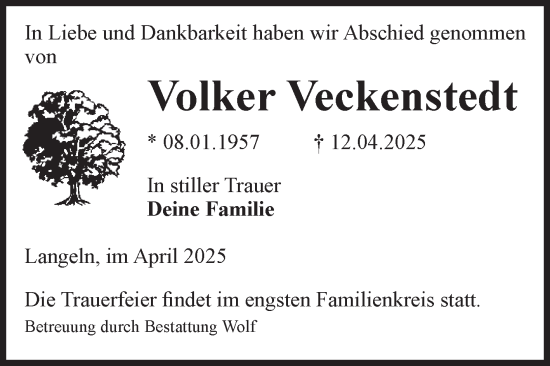 Traueranzeige von Volker Veckenstedt von Volksstimme Wernigerode