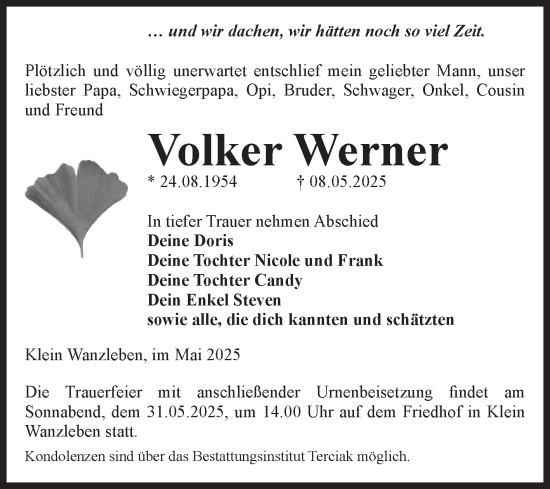 Traueranzeige von Volker Werner von Volksstimme Oschersleben/Wanzleben