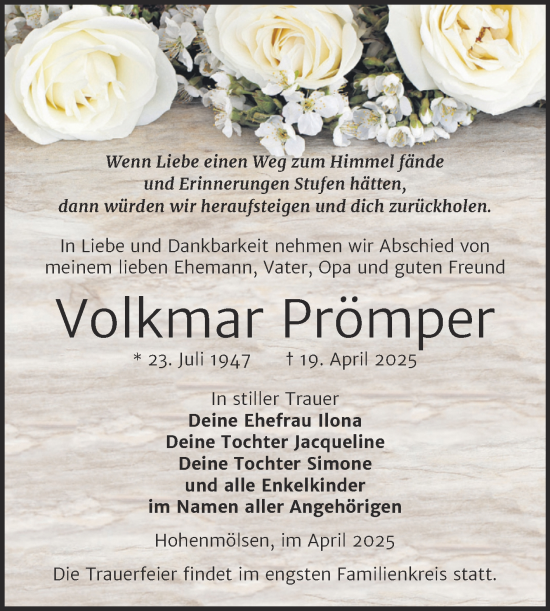 Traueranzeige von Volkmar Prömper von Trauerkombi Weißenfels