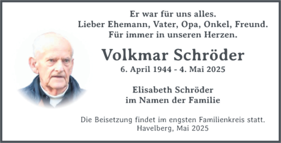 Traueranzeige von Volkmar Schröder von Volksstimme Altmark Ost