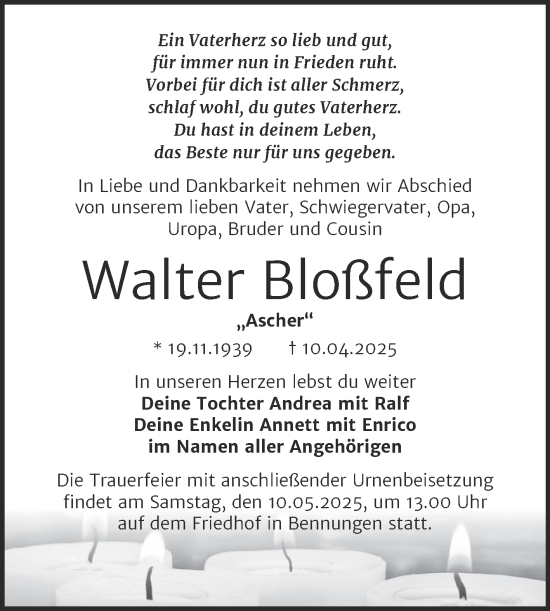 Traueranzeige von Walter Bloßfeld von Trauerkombi Sangerhausen
