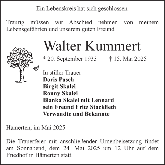 Traueranzeige von Walter Kummert von Volksstimme Altmark Ost