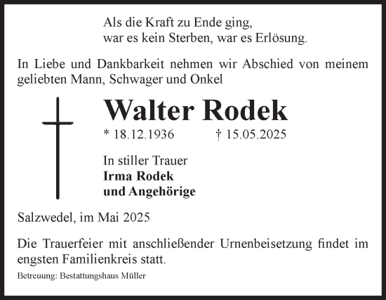 Traueranzeige von Walter Rodek von Volksstimme Altmark West