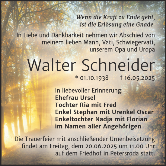 Traueranzeige von Walter Schneider von Trauerkombi Bitterfeld