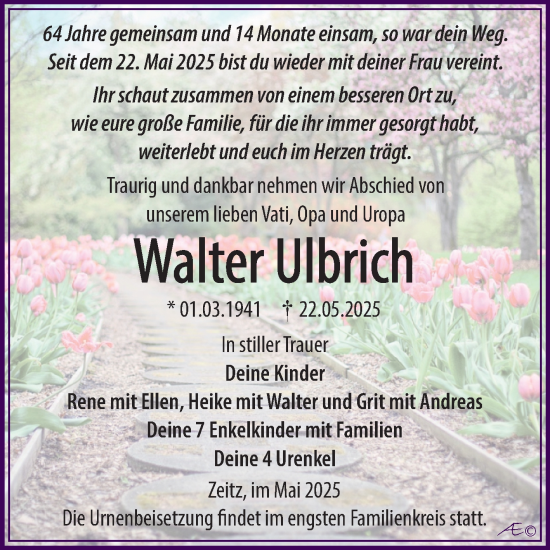 Traueranzeige von Walter Ulbrich von Trauerkombi Zeitz