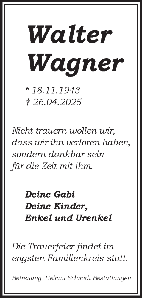 Traueranzeige von Walter Wagner von Volksstimme Magdeburg