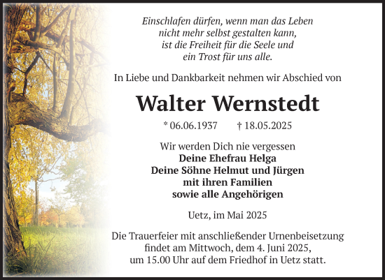 Traueranzeige von Walter Wernstedt von Volksstimme Altmark Ost