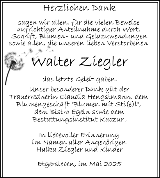 Traueranzeige von Walter Ziegler von Volksstimme Staßfurt