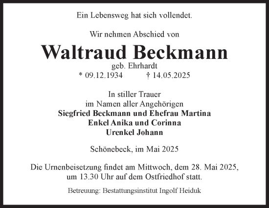 Traueranzeige von Waltraud Beckmann von Volksstimme Schönebeck